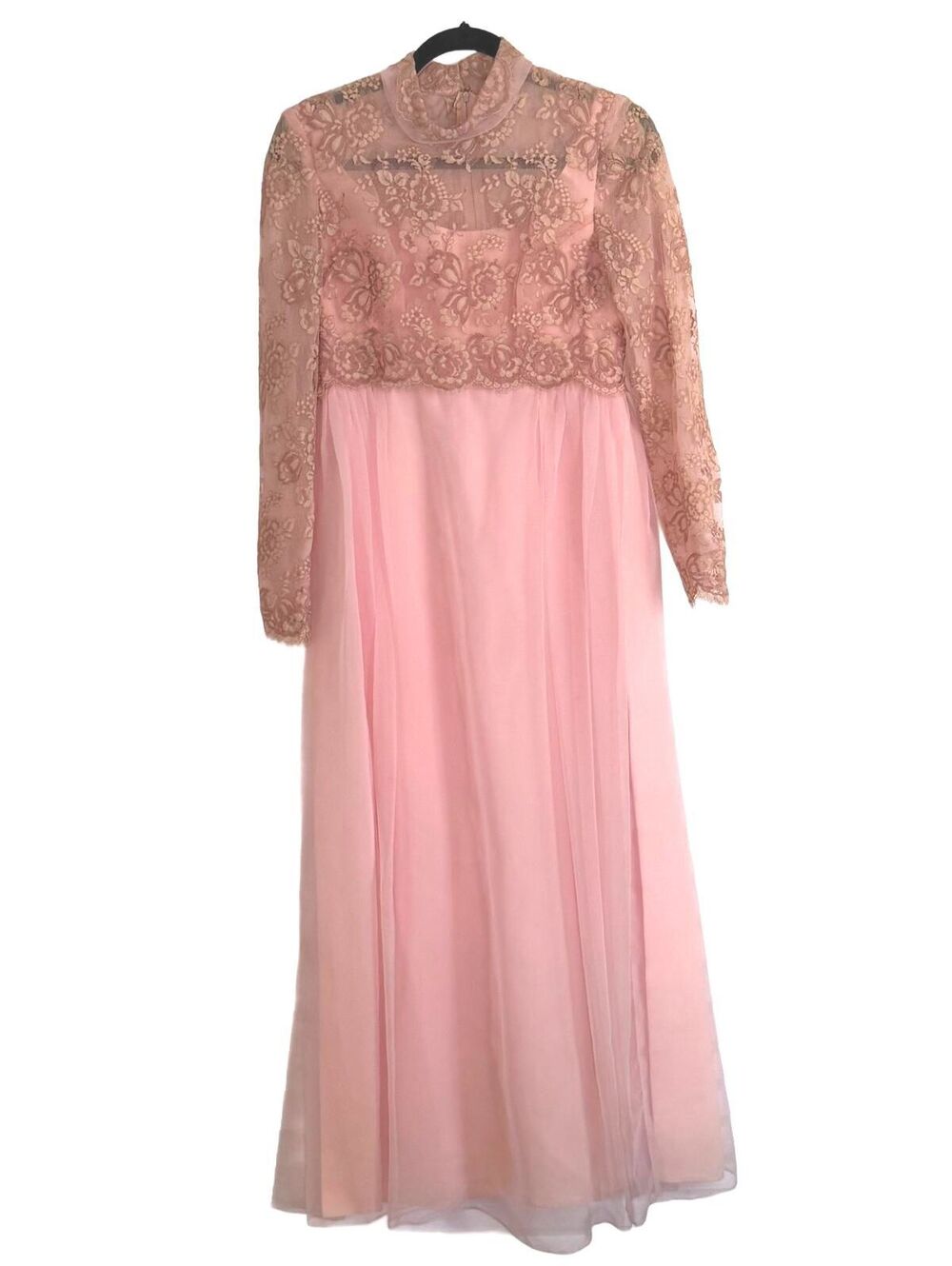 Vintage 70s Pink Lace Chiffon Maxi Dress Lace Sleeve Romantic Formal Gown